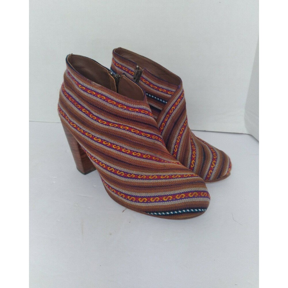 Boho Striped Ankle Boots Ethnic Pattern Block Heel Brown Multi-Color